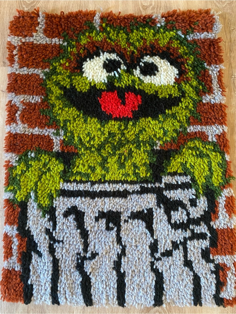 Handmade Vintage Hook and Latch Wall Hanging/ Rug Sesame Street Oscar the Grouch